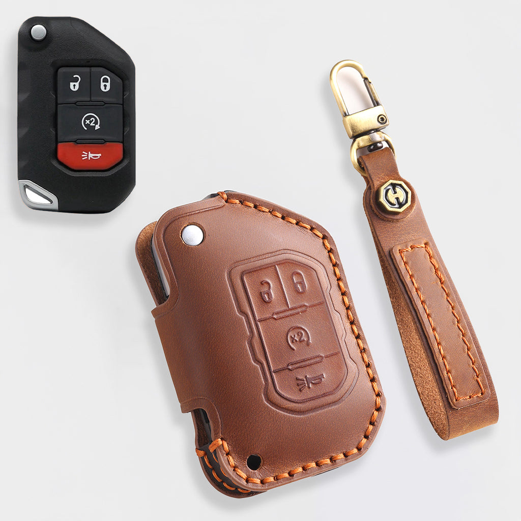 Genuine Leather Key Fob Cover for Jeep Wrangler & Gladiator (2018-2024) - 2 or 4 Button Brown Protective Case Fits Sahara/Rubicon