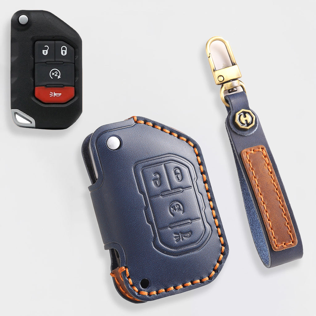 Genuine Leather Key Fob Cover for Jeep Wrangler & Gladiator (2018-2024) - 2 or 4 Button Brown Protective Case Fits Sahara/Rubicon