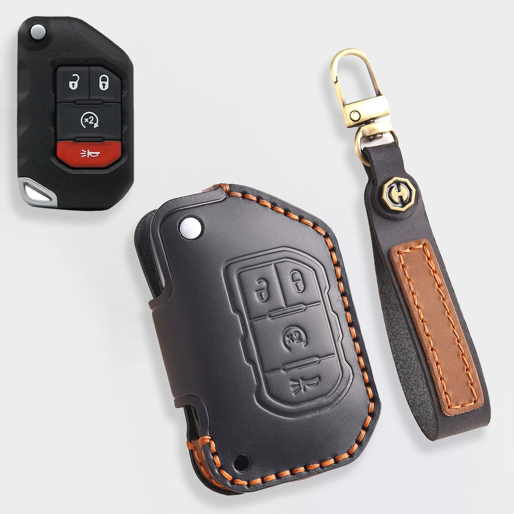 Genuine Leather Key Fob Cover for Jeep Wrangler & Gladiator (2018-2024) - 2 or 4 Button Brown Protective Case Fits Sahara/Rubicon