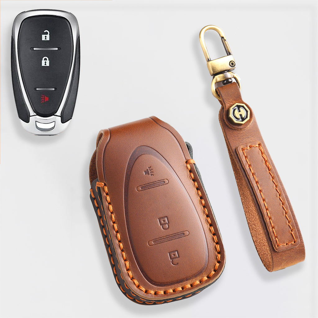 Handmade Leather Key Cover for Chevrolet Silverado Tahoe Camaro Equinox - 3/4/5/6 Button Case (Fits 2016-2024)