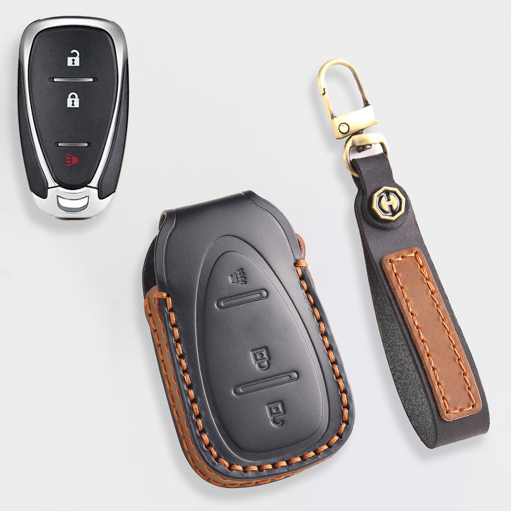 Handmade Leather Key Cover for Chevrolet Silverado Tahoe Camaro Equinox - 3/4/5/6 Button Case (Fits 2016-2024)