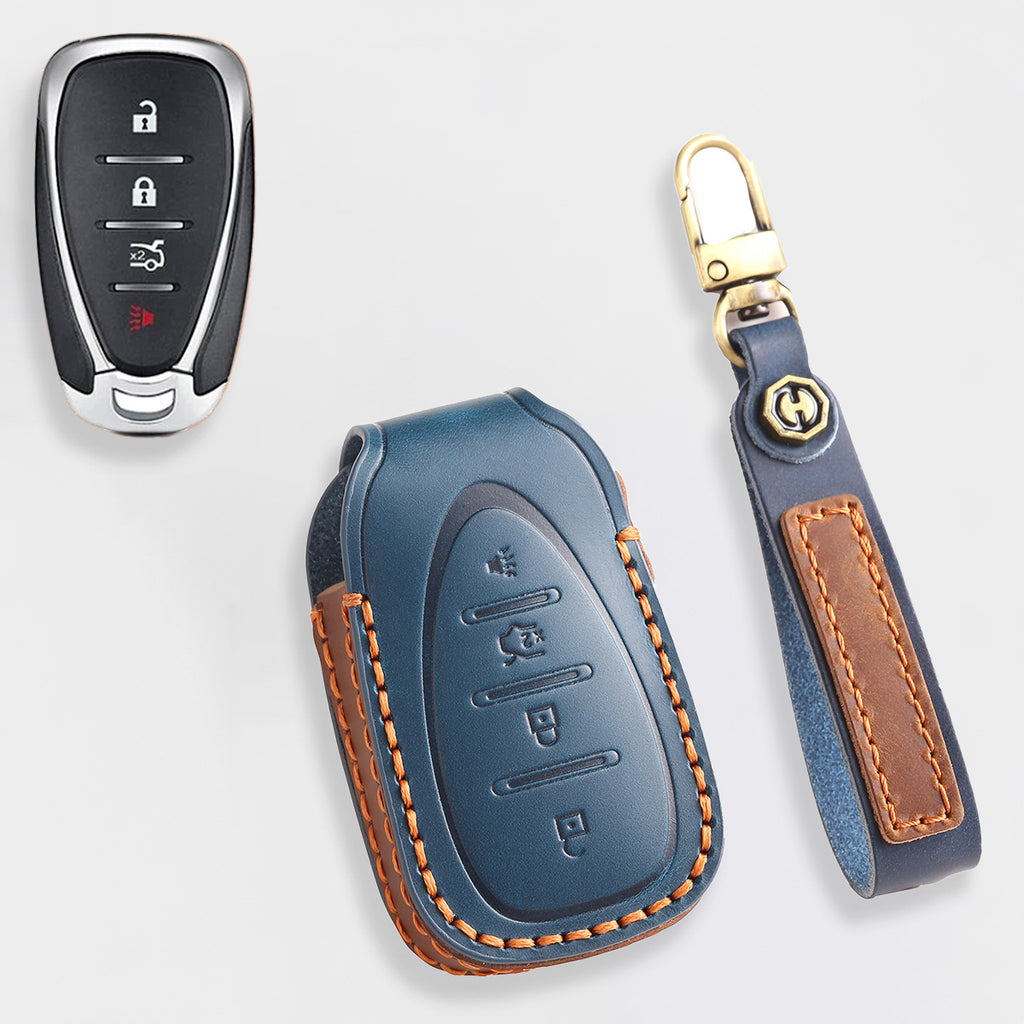 Handmade Leather Key Cover for Chevrolet Silverado Tahoe Camaro Equinox - 3/4/5/6 Button Case (Fits 2016-2024)