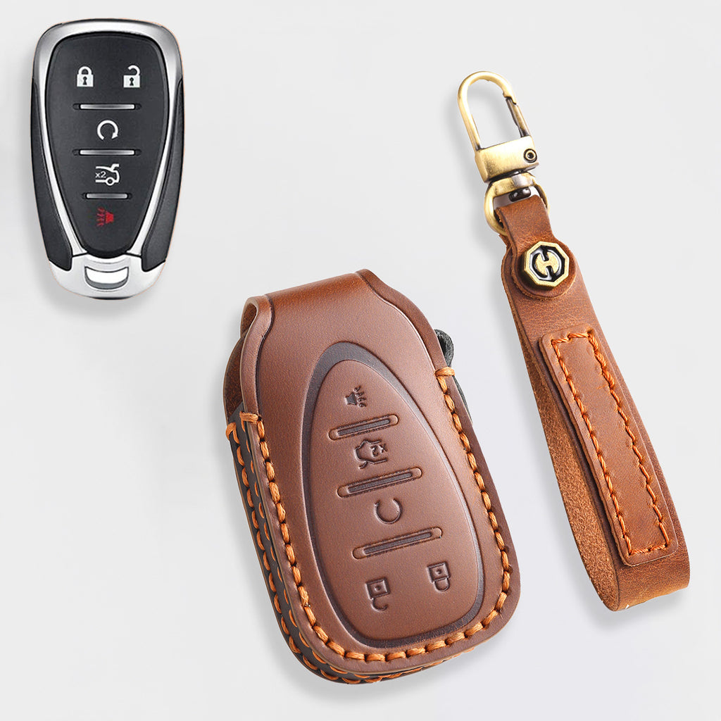 Handmade Leather Key Cover for Chevrolet Silverado Tahoe Camaro Equinox - 3/4/5/6 Button Case (Fits 2016-2024)