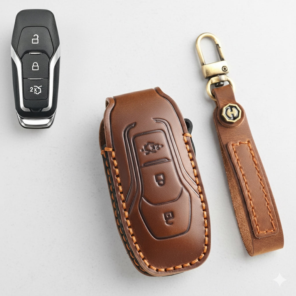 Premium Leather Key Fob Cover for Ford F150 F250 Mustang - Protective Case for 3/4/5 Button Remotes (Fits Bronco/Ranger/Edge)