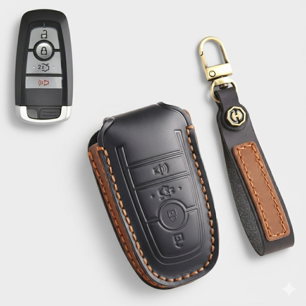 Premium Leather Key Fob Cover for Ford F150 F250 Mustang - Protective Case for 3/4/5 Button Remotes (Fits Bronco/Ranger/Edge)