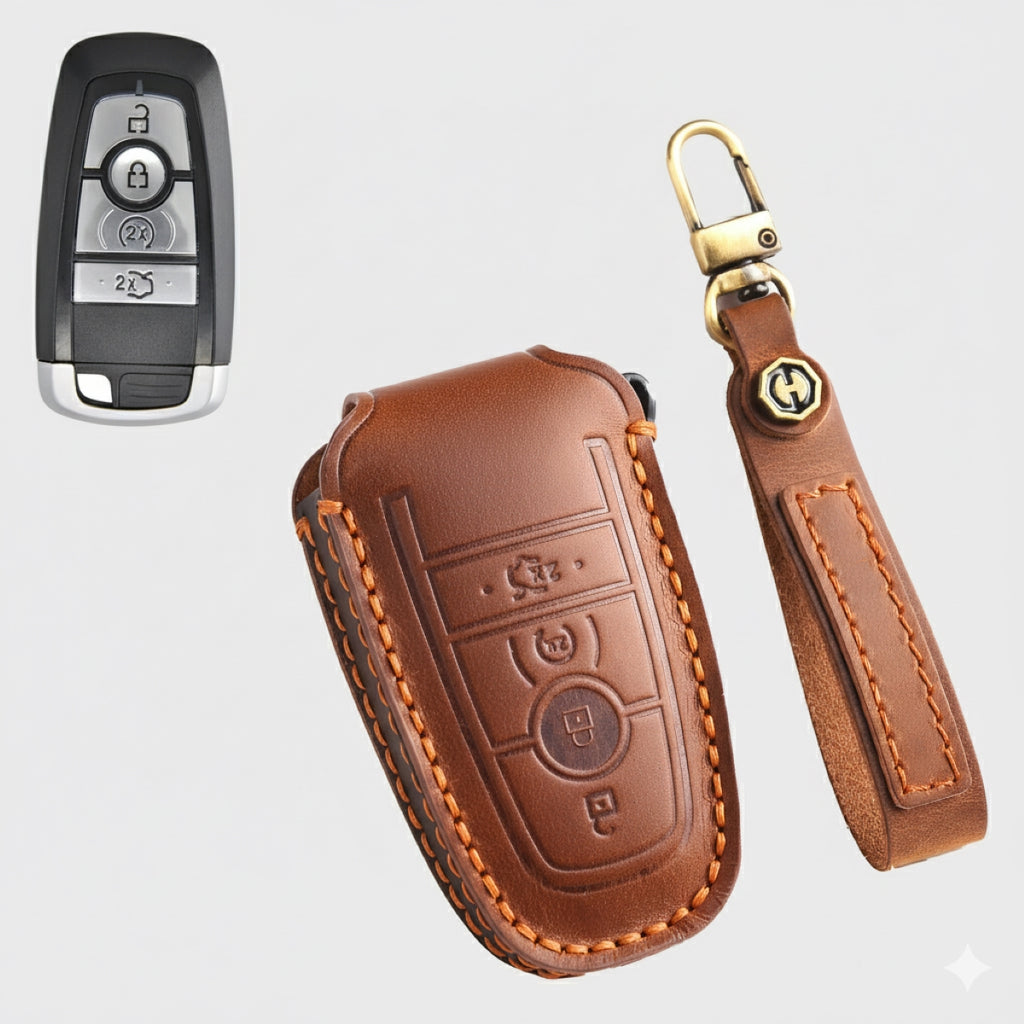 Premium Leather Key Fob Cover for Ford F150 F250 Mustang - Protective Case for 3/4/5 Button Remotes (Fits Bronco/Ranger/Edge)