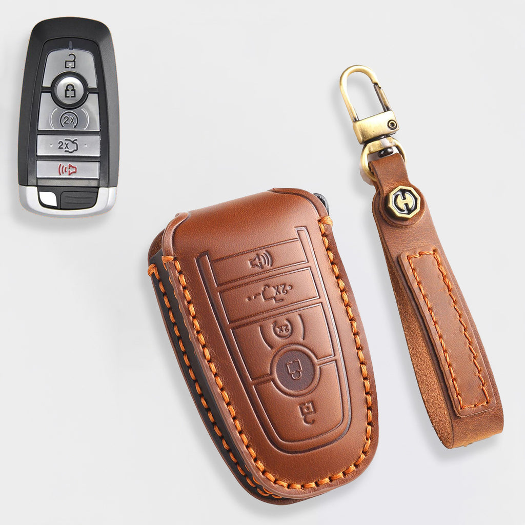 Premium Leather Key Fob Cover for Ford F150 F250 Mustang - Protective Case for 3/4/5 Button Remotes (Fits Bronco/Ranger/Edge)