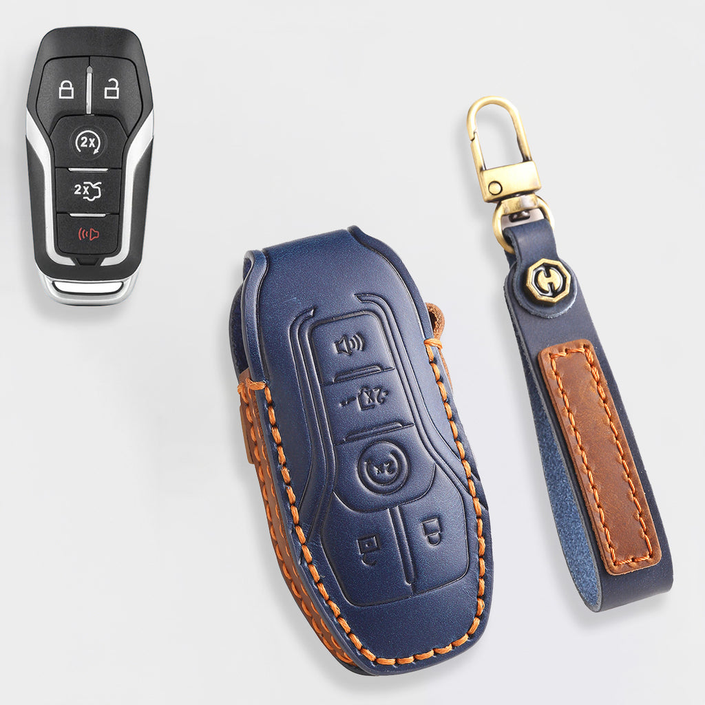 Premium Leather Key Fob Cover for Ford F150 F250 Mustang - Protective Case for 3/4/5 Button Remotes (Fits Bronco/Ranger/Edge)