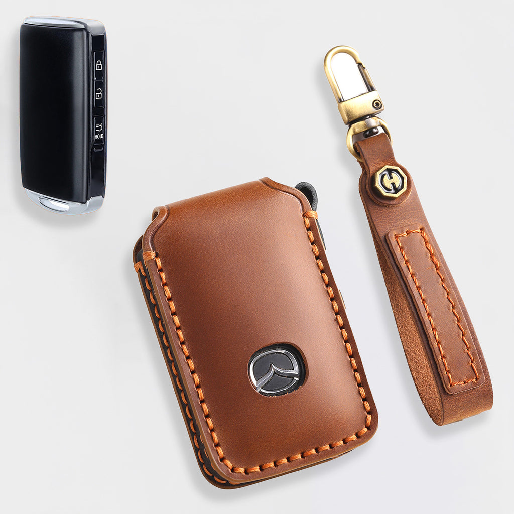 Genuine Leather Key Fob Cover for Mazda 3, Mazda 6, CX-3, CX-5, and CX-9